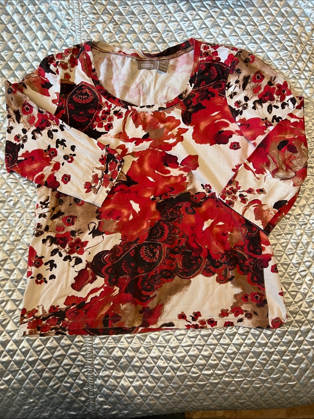 Chicos Red and Brown Floral Scoop-Neck Long Sleeve Top